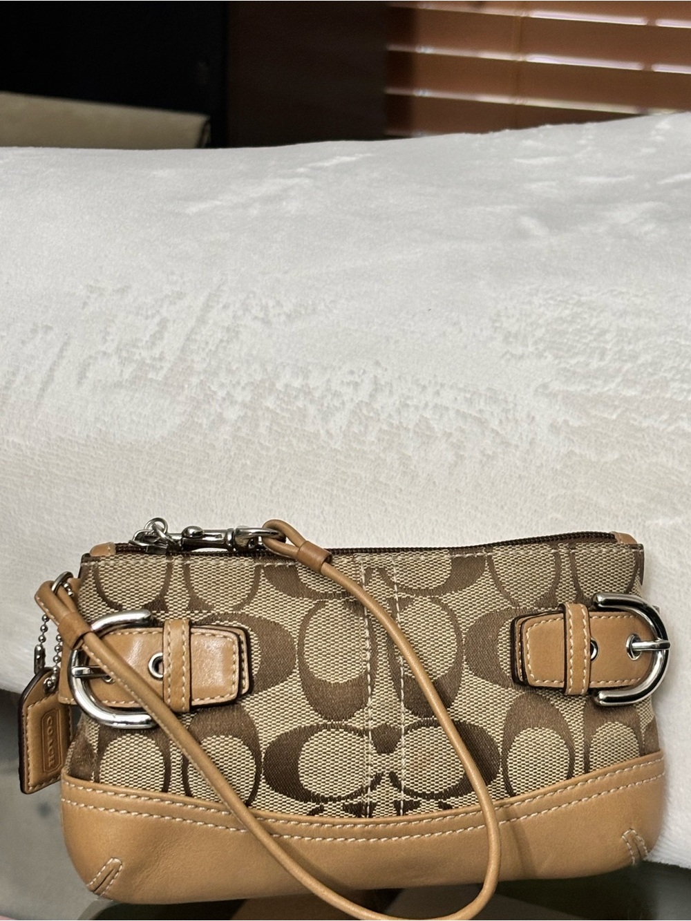 Coach Signature Tan Mid Size  Wristlet Wallet Cell phone Holder.